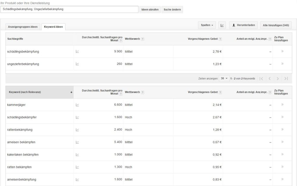 Keyword Analyse mit Keyword-Planer